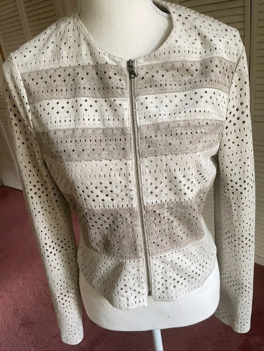 BCBGMaxAzria Light Cream And Tan Perforated Striped Leather Jacket